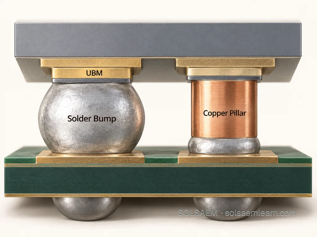 Conceptual joint cross-section comparing solder bumps, UBM and a copper pillar